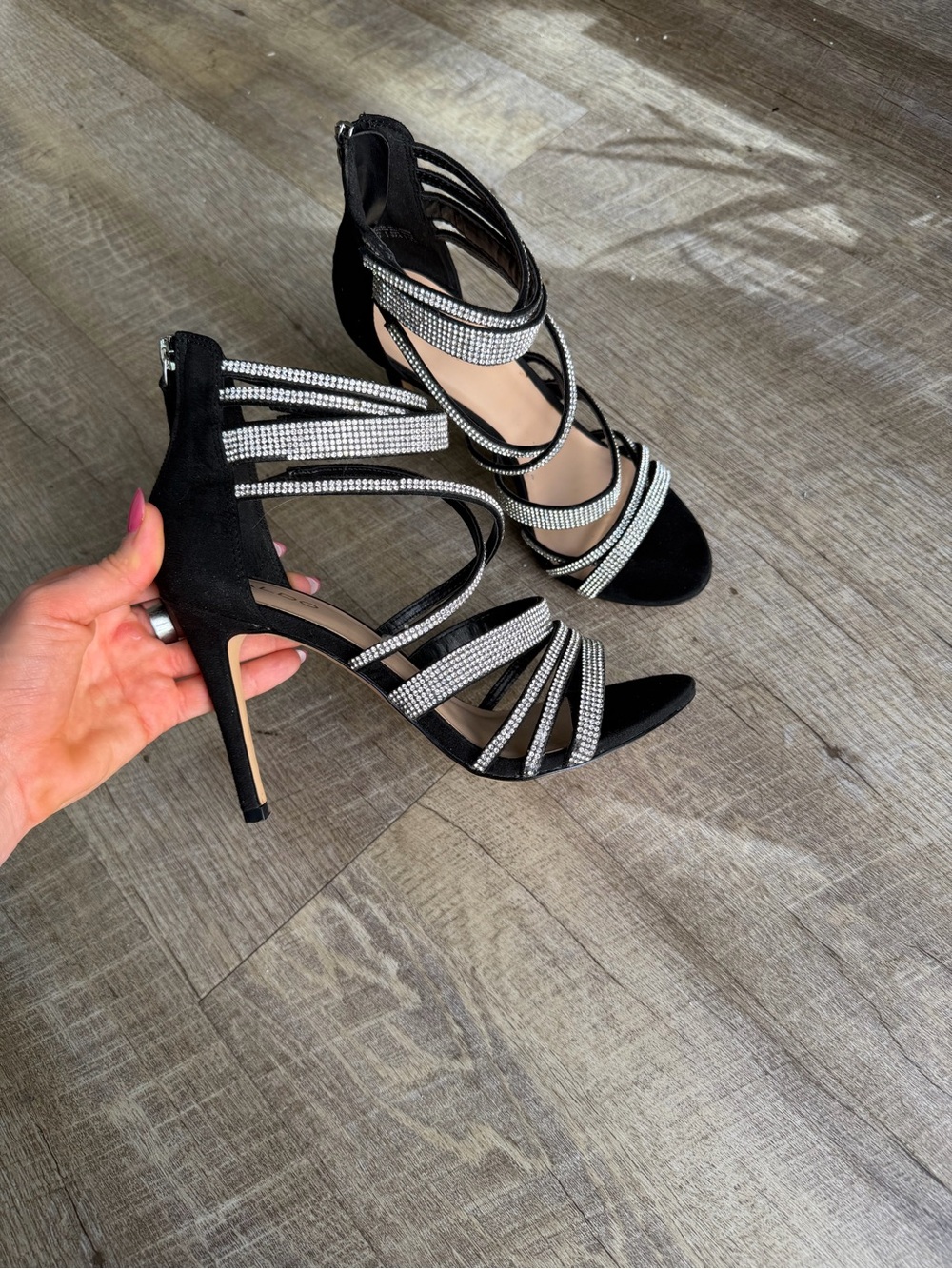 Aldo Black Strappy Heels with Rhinestone Trim